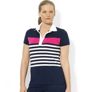 Lauren Ralph Lauren Active Polo Shirt Stripes Navy Pink White | Women's Size S